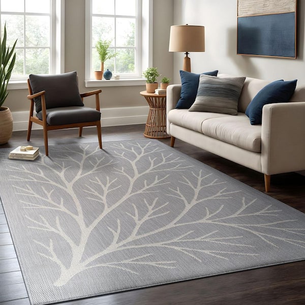 Flora Gray 6 ft. x 9 ft. Coral Branch Washable Indoor Outdoor Area Rug