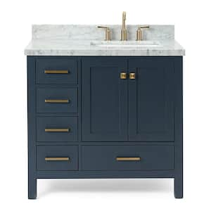 Cambridge 37 in. W x 22 in. D x 36 in. H Vanity in Midnight Blue with Carrara White Marble Top