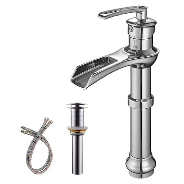 FLG Single Handle Single Hole Brass Waterfall Bathroom Vessel Sink Faucet with Pop-Up Drain Assembly Kit in Polished Chrome