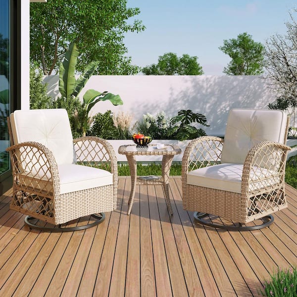 Sudzendf Natural 3-Piece Wicker Outdoor Bistro Set with Beige Cushion, Two Swivel Chairs and a Square Table