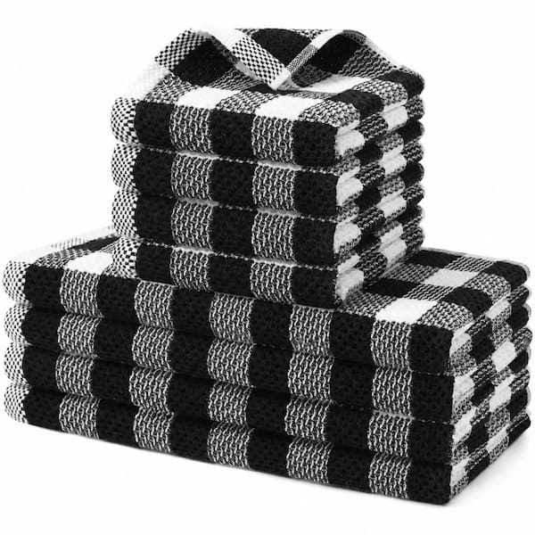 Black and White Buffalo Plaid Cotton Waffle Weave Kitchen Towels and Dishcloths Set of 8, 12 in x 12 in and 13 in x 28