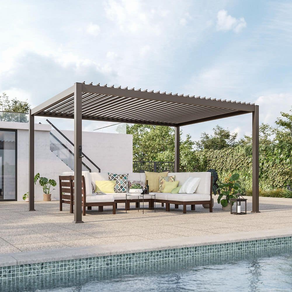 Sonkuki 10 ft. x 13 ft. Brown Aluminized Steel Louvered Patio