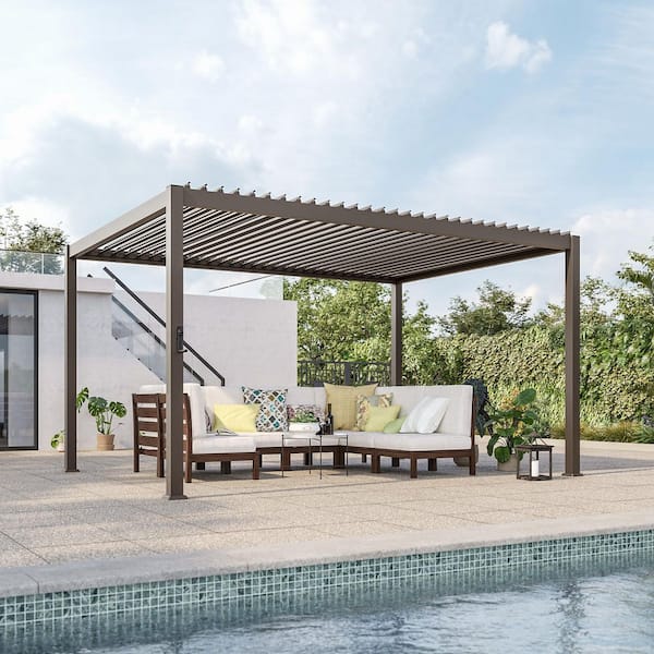 10 ft. x 13 ft. Brown Aluminized Steel Louvered Patio Pergola with Adjustable Louvers and Drainage System
