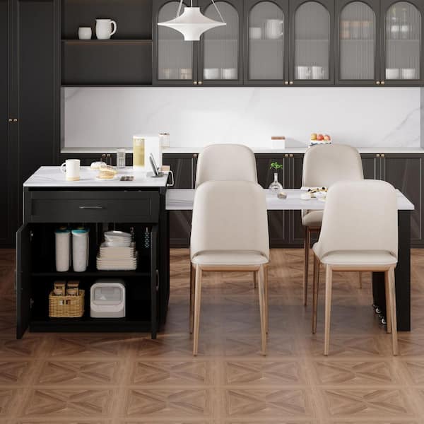 Ximuprmy Black Wood 82 in. Kitchen Island with Extendable Dining Table, 2-Power Outlet and 2-Side Open Shelves for Kitchen Room