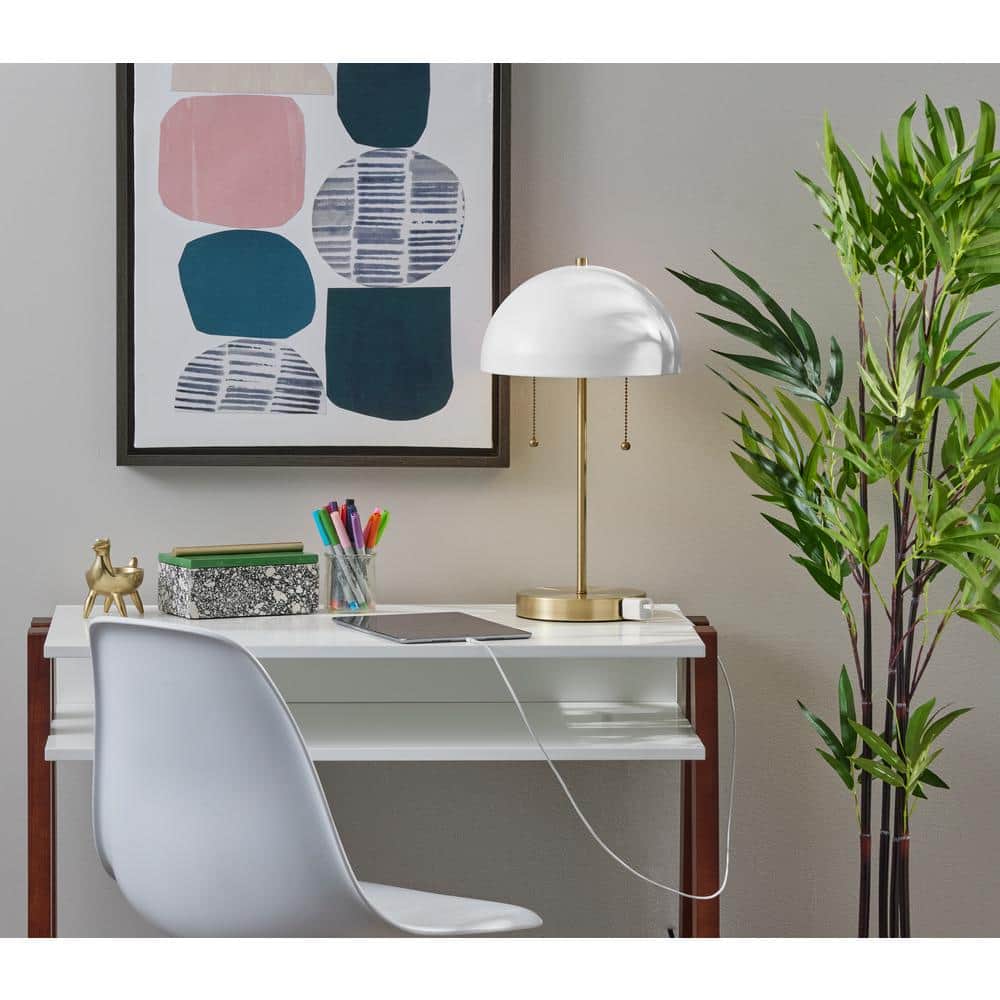 18" White and Antique Brass Metal Desk Lamp with AC Outlet