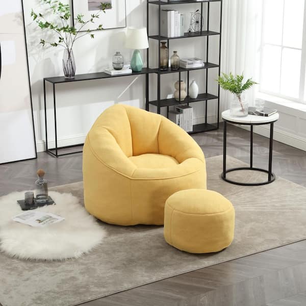 Yellow Microfiber Bean Bag Chair with Ottoman, Foam Filled Lounge Seat for Bedroom, Living Room and Reading Room