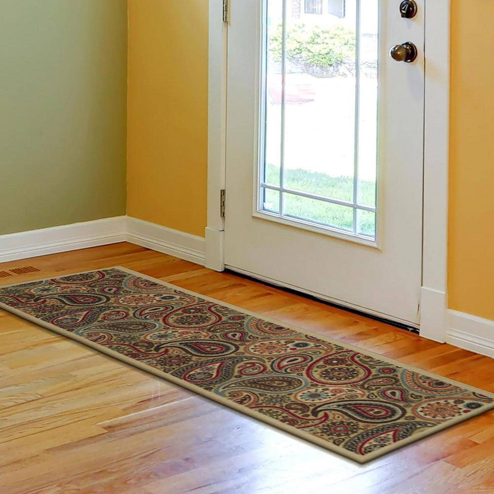 Beige and Red Synthetic Paisley Non-Slip Runner Rug