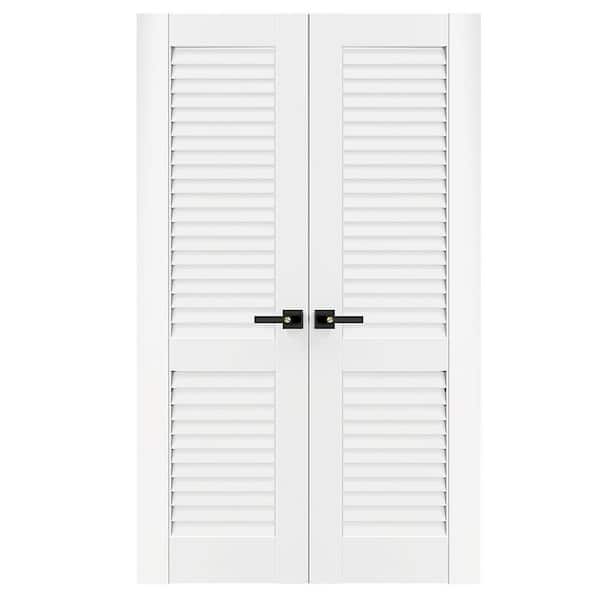 48 in. x 80 in. Composite, MDF, Louvered Panel, Primed, White Interior Door Slab With Black Lever Handle