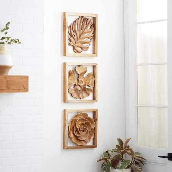 Set of 3 Large Wooden Wall Art Panels on Frames, Beautiful Living Room or  Bedroom Wall Decor, Leaves Theme 