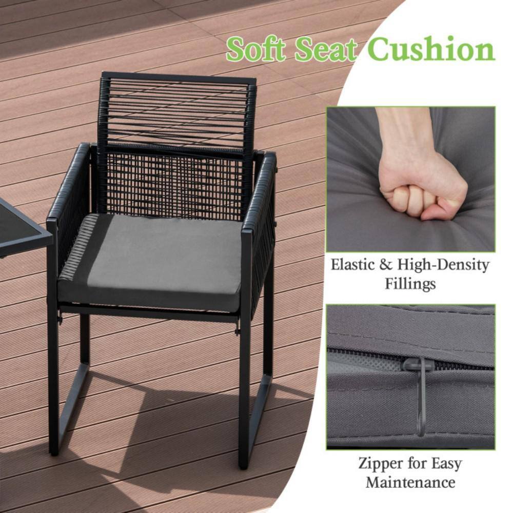 Black PE Rattan 3-Piece Outdoor Dining Set with Grey Cushions