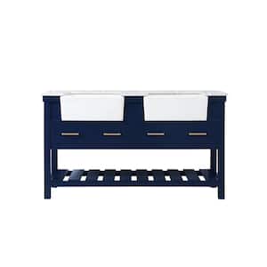 Timeless Home 60 in. W x 22 in. D x 34.13 in. H Double Bathroom Vanity Side Cabinet in Blue with White Marble Top