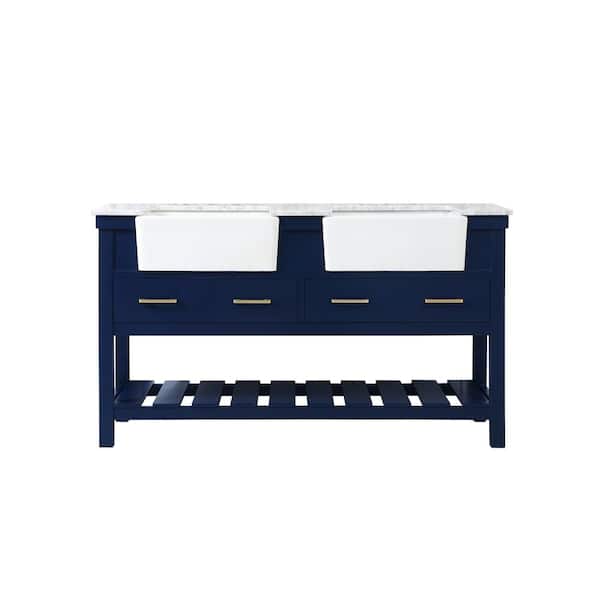 Unbranded Timeless Home 60 in. W x 22 in. D x 34.13 in. H Double Bathroom Vanity Side Cabinet in Blue with White Marble Top