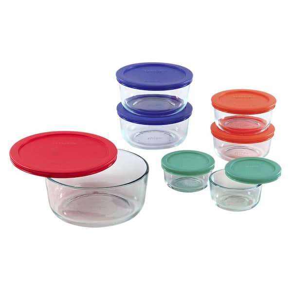Pyrex Simply Store 14-Piece Round Glass Storage Set with Assorted Colored Lids