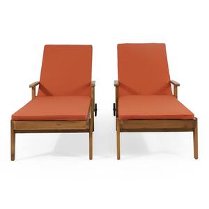 Senia Wood Outdoor Chaise Lounge with Orange Cushion (Set of 2)