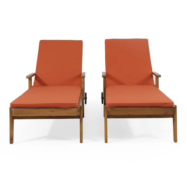 Noble House Senia Wood Outdoor Chaise Lounge with Orange Cushion (Set of 2)