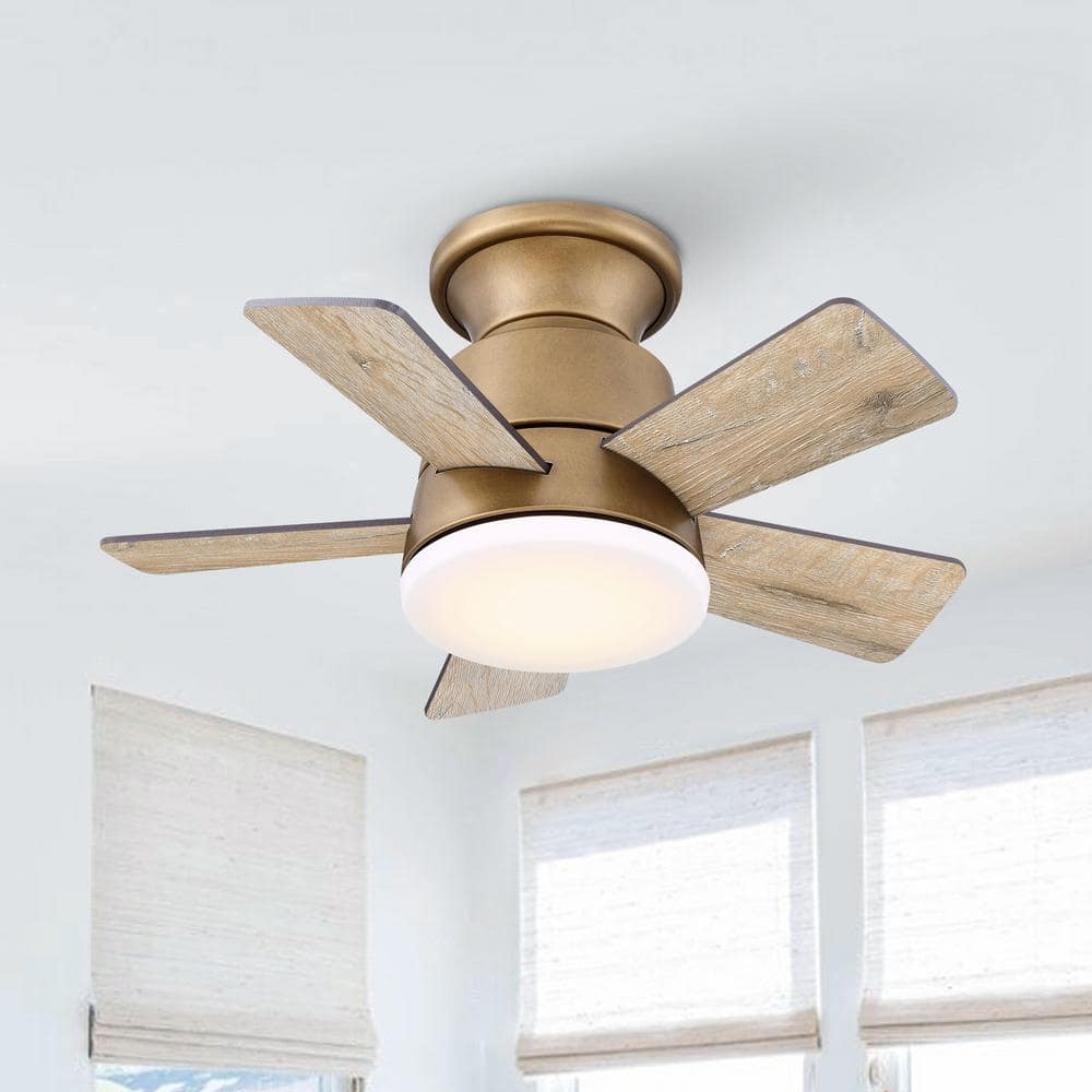 24" Brass Gold LED Flush Mount Ceiling Fan with Remote and Reversible Blades