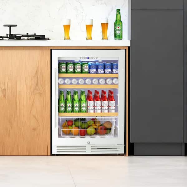 23.4 in. Single Zone 225-Can Beverage Cooler in White Reversible Door Hinge Beer Fridge with Adjustable Storage Space