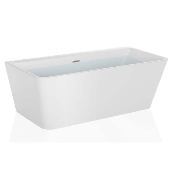 Empava 67 in. Acrylic Flatbottom Rectangular Back to Wall Alcove Soaking Bathtub in White with Polished Chrome Overflow