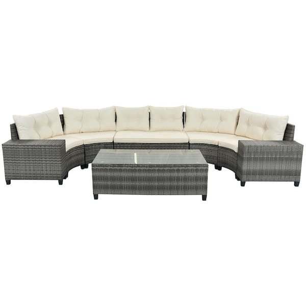 Oyezvary 8-Piece Gray Wicker Curved Outdoor Sectional Set with Beige Cushions and Rectangular Coffee Table