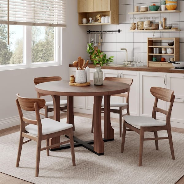 Prairie Modern 5-Piece Round Wood Top Dining Table Set with 4 Side Chairs, Light Beige Plus Walnut, Seats 4