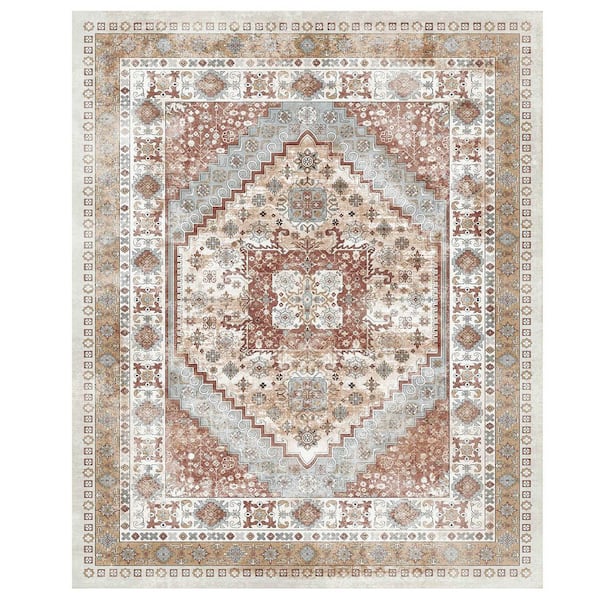 Area Rug, 8 x 10 ft. Washable Non-Slip Tear-Resistant Soft Carpet, Pet-Friendly Vintage Rug Indoor Brown Red 2025 Update
