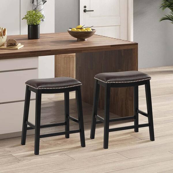 26 in. Brown Wood Bar Stool Counter Height Saddle Stools with Upholstered Seat Set of 2