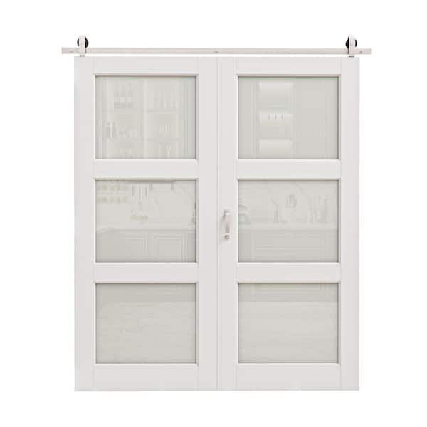 56 in. x 84 in. 3-Lite Tempered Frosted Glass White Finished MDF Glass Bi-Fold Sliding Barn Door with Hardware Kit