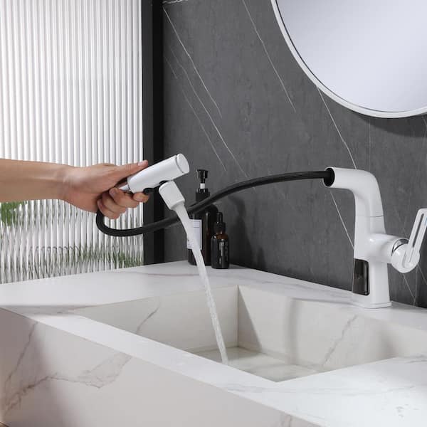 4 in. Centerset Single Level Handle Mid Arc Bathroom Pull-Out Faucet with Digital Display in White