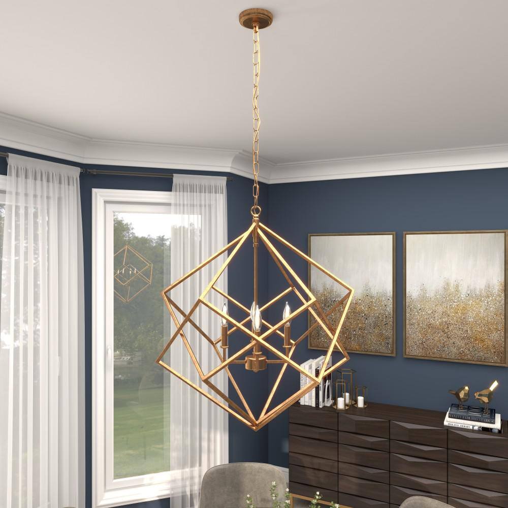 Gold Geometric Metal Chandelier with Link Chain, 25" x 30"
