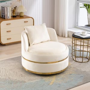 Beige Soft Velvet 360° Swivel Accent Chair, Barrel Chair with Pillow