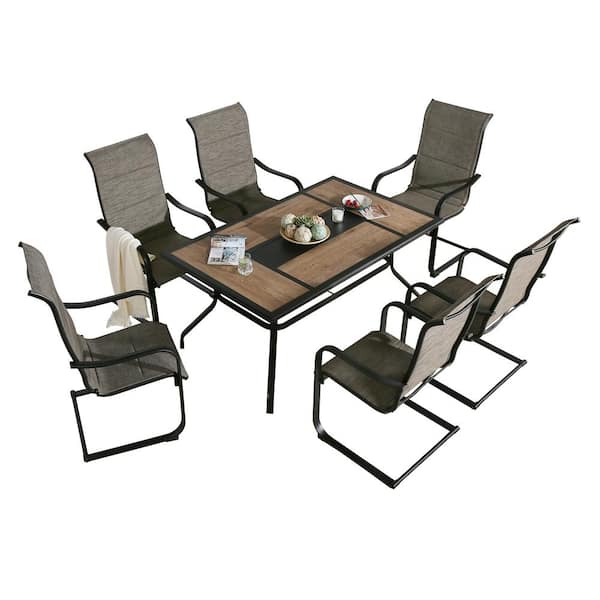 ULAX FURNITURE 7-Piece Metal Rectangular Outdoor Dining Set with C Spring  Motion Chairs and Wooden-Like Table HD-970368-258 - The Home Depot