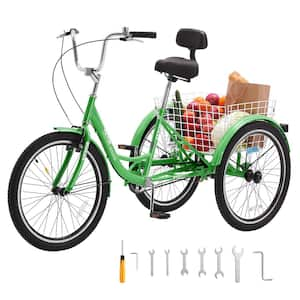 Adult Tricycles Bike, 24 in. 3-Wheeled Bicycles, 3 Wheel Bikes Trikes, Carbon Steel Cruiser Bike (Green)