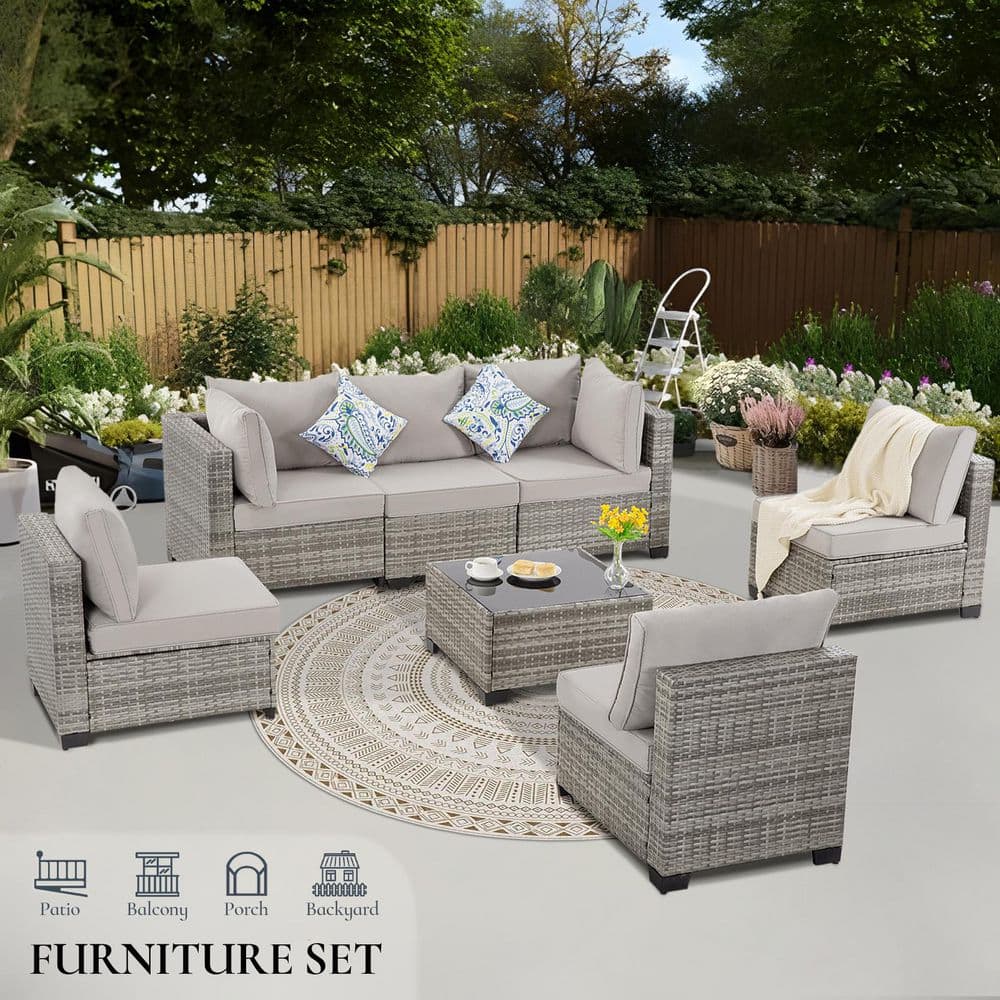 7-Piece Wicker Outdoor Patio Sectional Sofa, All-Weather PE Rattan Conversation Set with Gray Cushions and Coffee Table price history on PriceWatchPro
