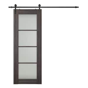 Paola 24 in. x 96 in. 4-Lite Frosted Glass Gray Oak Wood Composite Sliding Barn Door with Hardware Kit