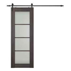 Paola 32 in. x 96 in. 4-Lite Frosted Glass Gray Oak Wood Composite Sliding Barn Door with Hardware Kit