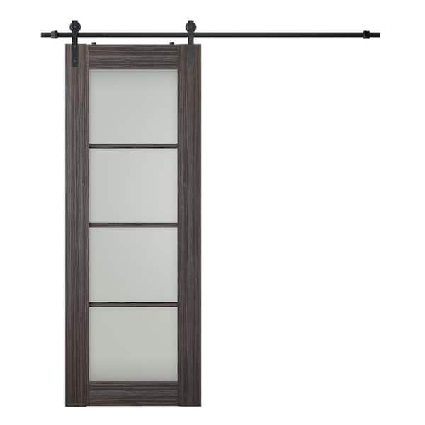 Belldinni Paola 36 in. x 96 in. 4-Lite Frosted Glass Gray Oak Wood Composite Sliding Barn Door with Hardware Kit