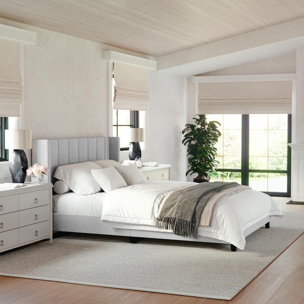 Gray Queen Upholstered Platform Bed with Linen Wingback Headboard