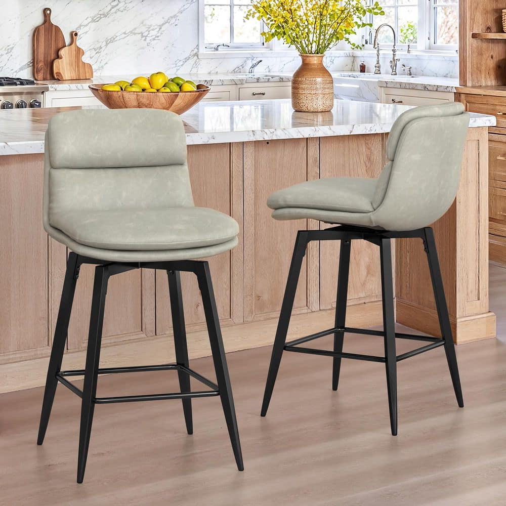 DAHLIAH 26 in. Light Beige Gray Faux Leather Metal Frame Double Layer Cushioned Swivel Bar Stool w/ Footrest (Set of 2) price history on PriceWatchPro