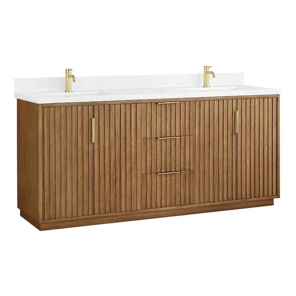 Bangkok 72 in.W x 22 in.D x 33.8 in.H Double Sink Bath Vanity in Mango Wood Light Brown with White Engineered Stone Top