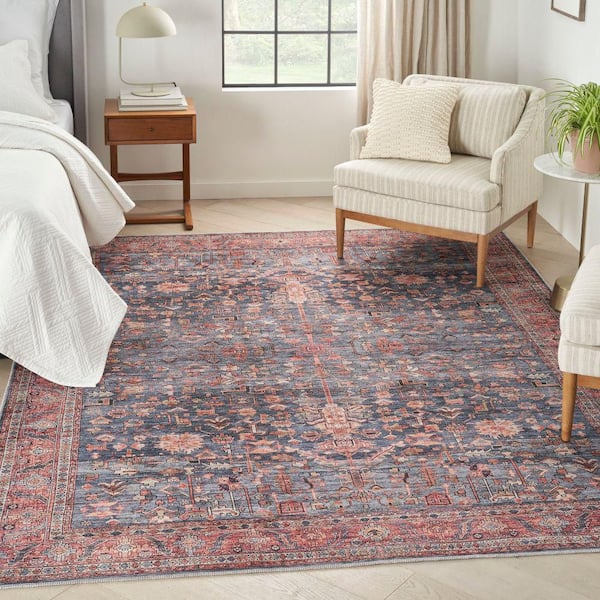 Machine Washable Brilliance Navy/Brick 9 ft. x 12 ft. Floral Traditional Area Rug