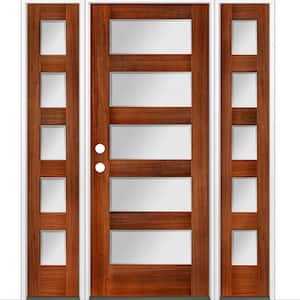 64 in. x 80 in. Modern Douglas Fir 5-Lite Right-Hand/Inswing Frosted Glass Red Chestnut Stain Wood Prehung Front Door