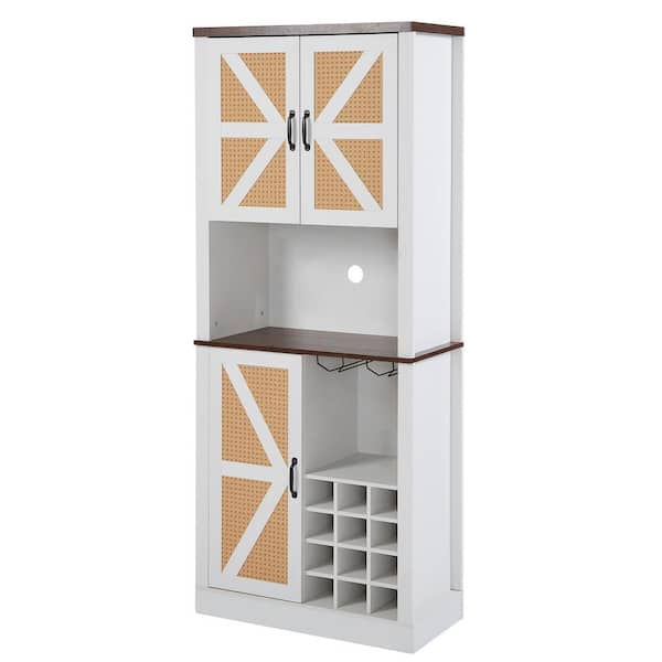 76 In. H Tall Farmhouse Kitchen Faux Rattan Wine Cabinet, Kitchen Bar Cabinet with Square Compartments and Shelves