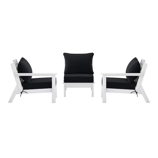 Birchwood White Arrangeable 3-Piece HDPE Deep Seating Outdoor Patio Conversation Sofa Arm Chair Set w/ Black Cushions