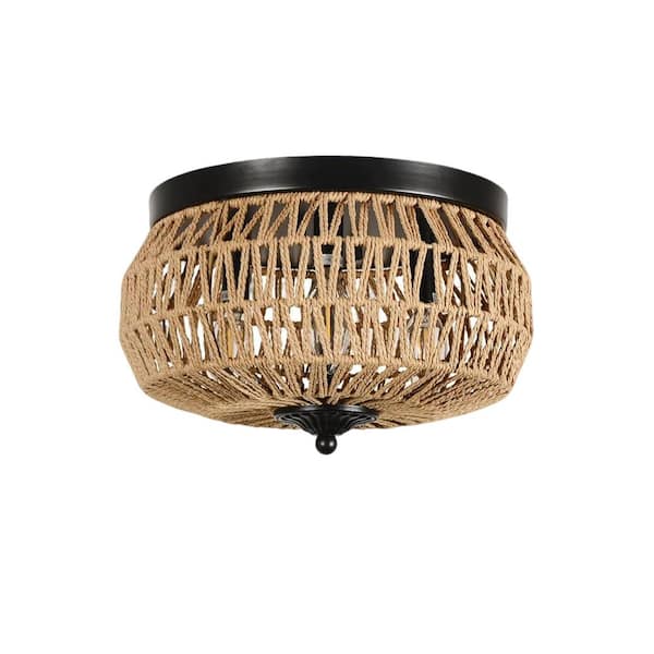 13 in. 3-Light Rattan Flush Mount Ceiling Light With Handcrafted Cage Shade For Bedroom, Kitchen, Foyer, Porch