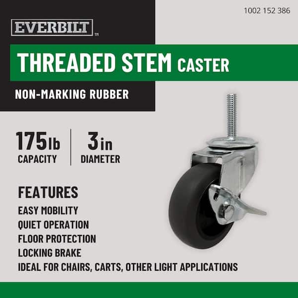 3 in. Gray Rubber Like TPR and Steel Swivel Threaded Stem Caster with Locking Brake and 175 lb. Load Rating