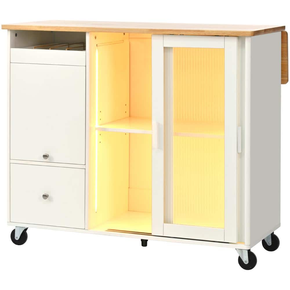 White LED Light Kitchen Cart Island with Drop Leaf, 2 Fluted Glass Doors an