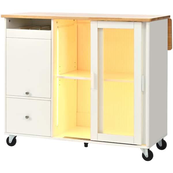 Unbranded White LED Light Kitchen Cart Island with Drop Leaf, 2 Fluted Glass Doors and 1 Flip Cabinet Door, 2 Drawers