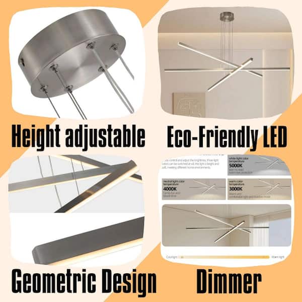 Modern 3-Light Chrome Sleek Metal Geometric Linear Chandelier for Dining Room with Integrated LED