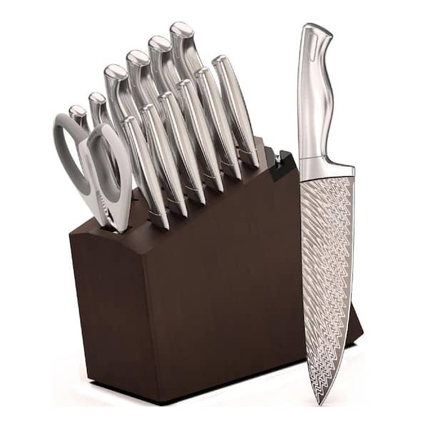 Anqtovp 15-Piece Stainless Steel Knife Set with Black Hard Wood Knife Block and Built-in Sharpener Dishwasher Safe Knife Set