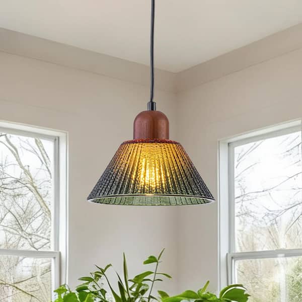 7.48 in. 1-Light Vintage Black and Wood Pendant Light with Cone Gradient Green Glass Shade